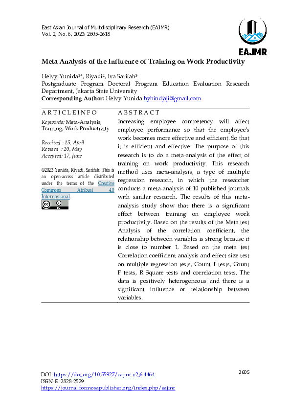 (PDF) Meta Analysis of the Influence of Training on Work Productivity