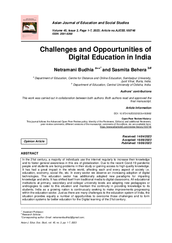 (PDF) Challenges and Oppourtunities of Digital Education in India