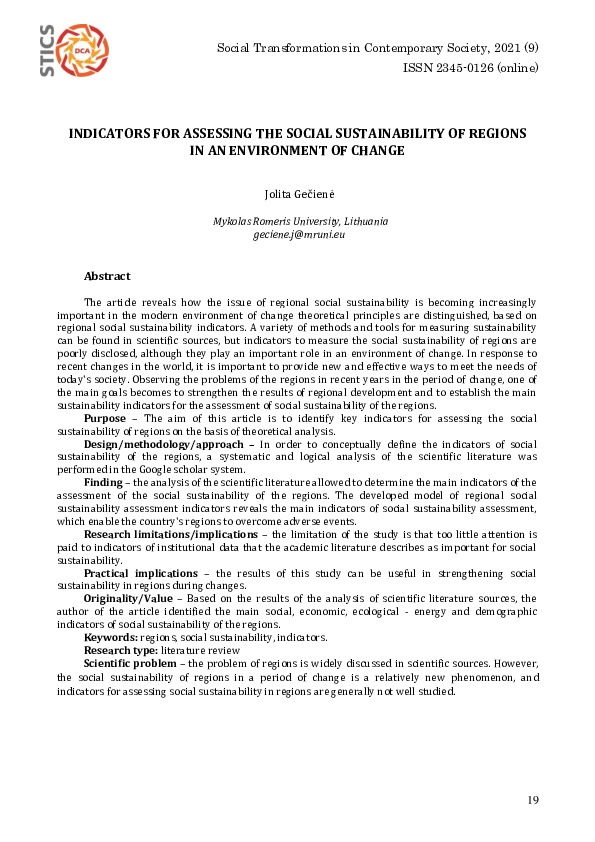 (PDF) INDICATORS FOR ASSESSING THE SOCIAL SUSTAINABILITY OF REGIONS IN ...
