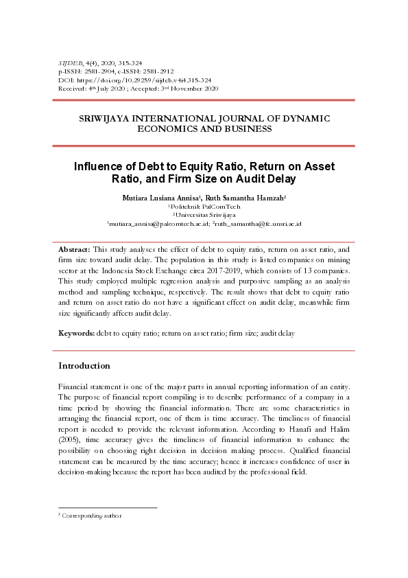 (PDF) Influence of Debt to Equity Ratio, Return on Asset Ratio, and ...