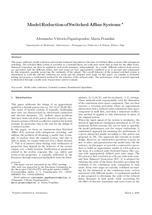 (PDF) Model reduction of switched affine systems