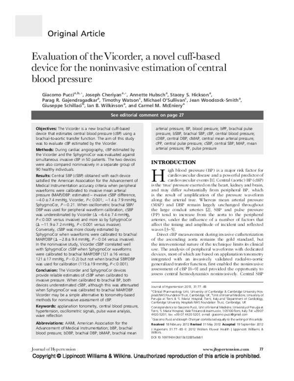 (PDF) Evaluation of the Vicorder, a novel cuff-based device for the ...