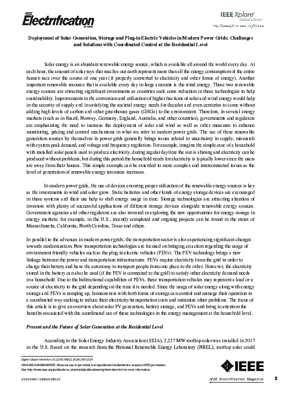 (PDF) Solar Generation, Storage, and Electric Vehicles in Power Grids