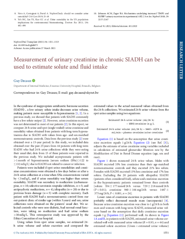 (PDF) Measurement of urinary creatinine in chronic SIADH can be used to ...