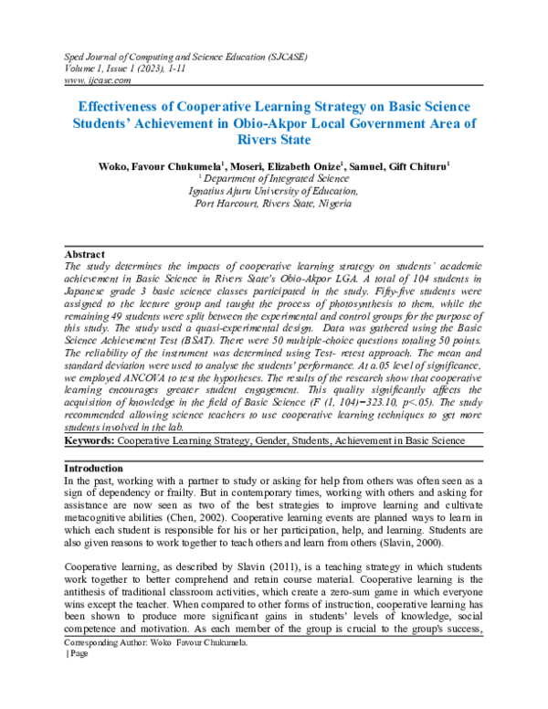 (DOC) Effectiveness of Cooperative Learning Strategy on Basic Science ...