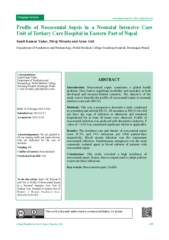 (PDF) Profile of Nosocomial Sepsis in a Neonatal Intensive Care Unit of ...