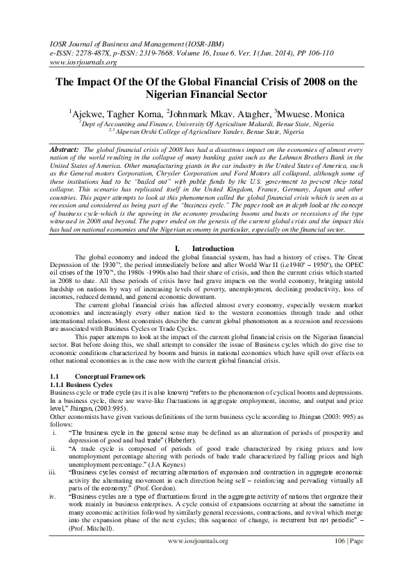 (PDF) The Impact Of the Of the Global Financial Crisis of 2008 on the ...