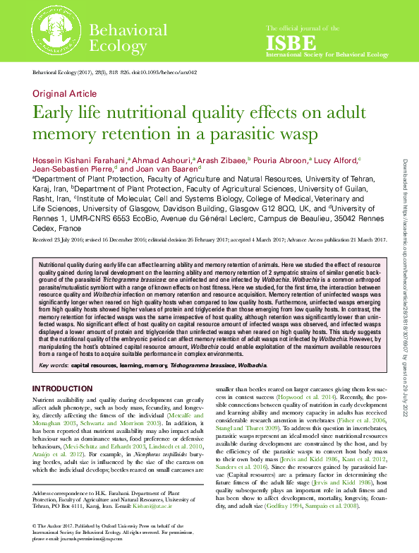 (PDF) Early life nutritional quality effects on adult memory retention ...
