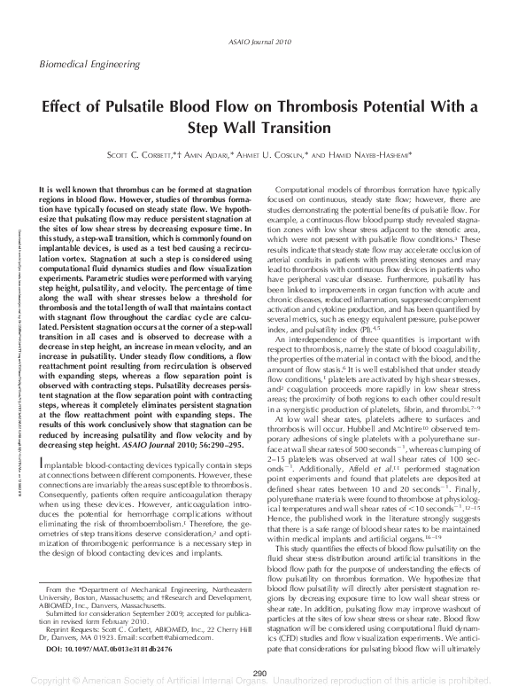 (PDF) Effect of Pulsatile Blood Flow on Thrombosis Potential With a ...