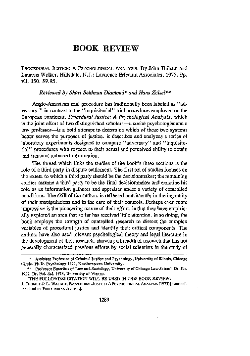 (PDF) Procedural Justice A Psychological Analysis. By John Thibaut and