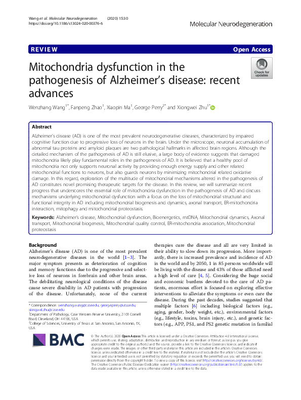 (PDF) Mitochondria dysfunction in the pathogenesis of Alzheimer’s ...