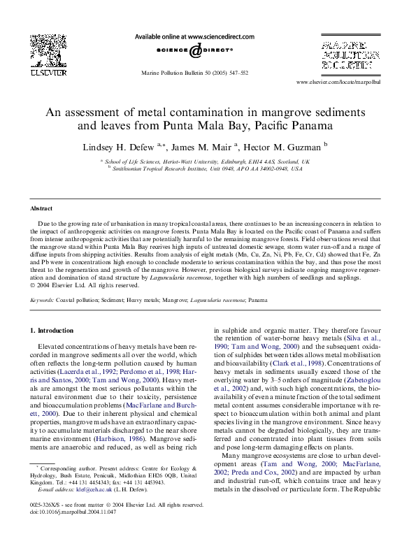 (PDF) An assessment of metal contamination in mangrove sediments and ...
