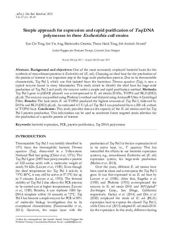 (PDF) Simple approach for expression and rapid purification of Taq DNA ...