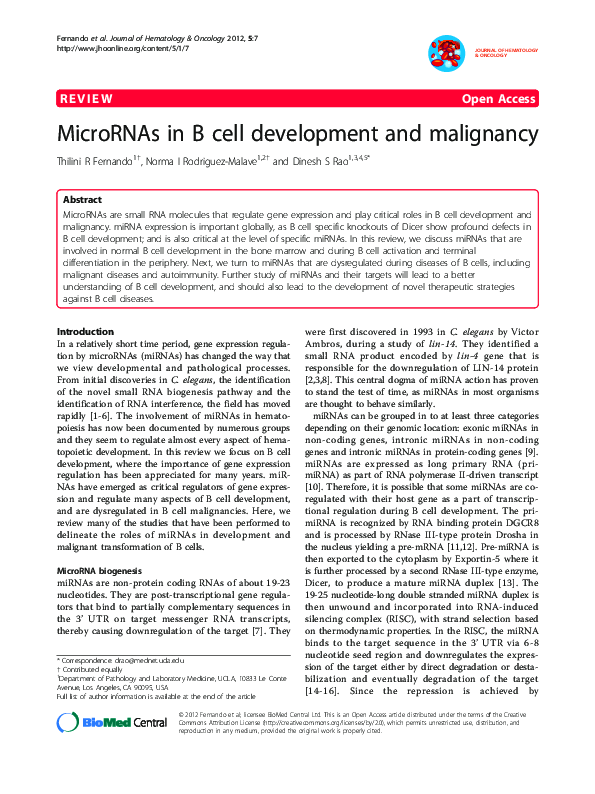 (PDF) MicroRNAs in B cell development and malignancy