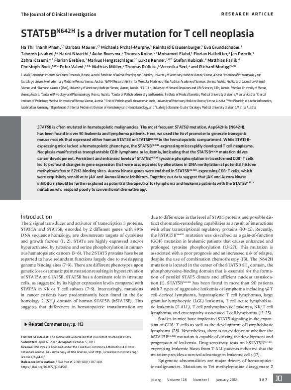 STAT5BN642H is a driver mutation for T cell neoplasia