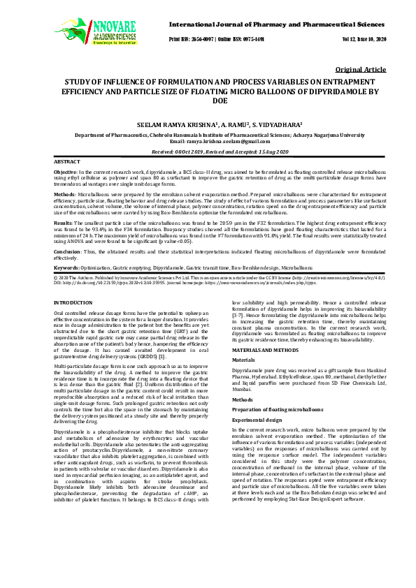 (PDF) Study of Influence of Formulation and Process Variables on ...