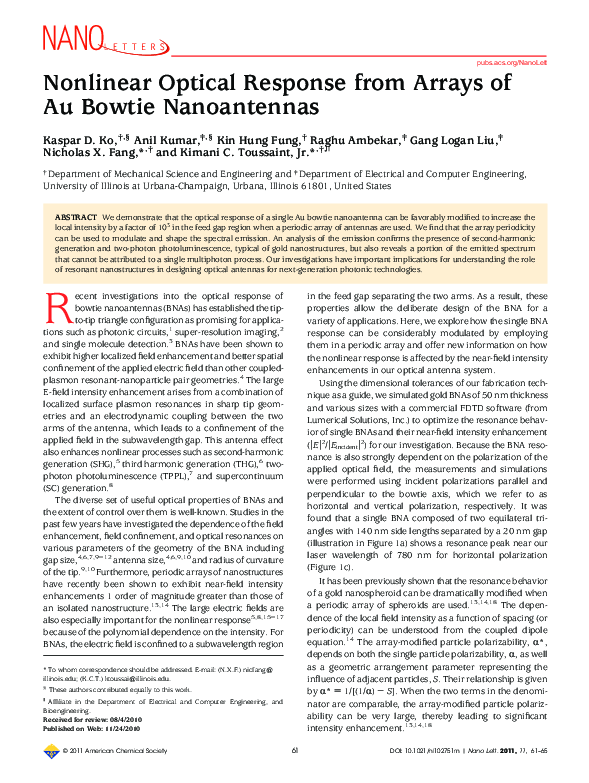 (PDF) Nonlinear Optical Response from Arrays of Au Bowtie Nanoantennas
