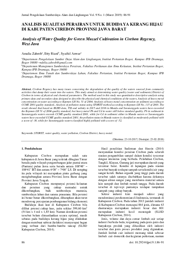 Analysis of Water Quality for Green Mussel Cultivation in Cirebon Regency, West Java