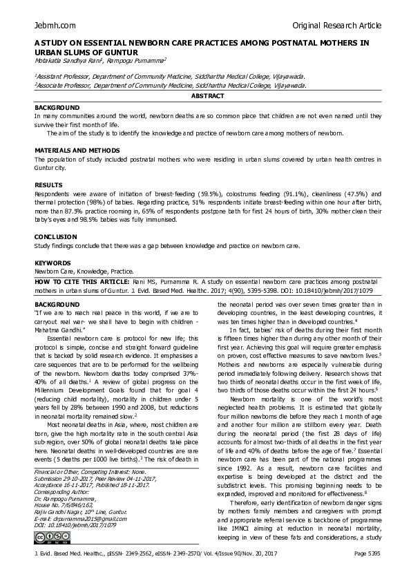 (PDF) A Study on Essential Newborn Care Practices Among Postnatal ...