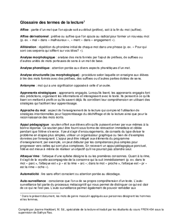 (PDF) Glossaire des termes de la lecture - French Glossary of Reading Terms