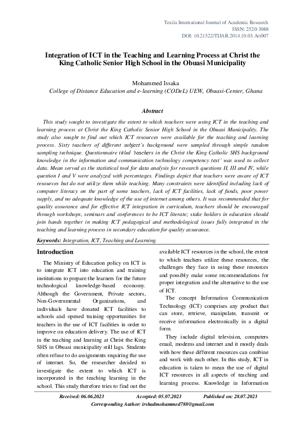 (PDF) Integration of ICT in the Teaching and Learning Process at Christ ...