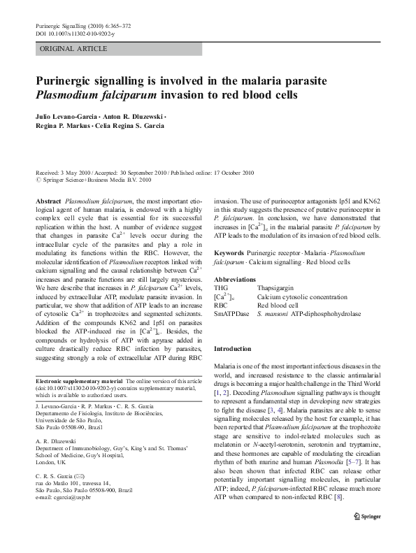 (PDF) Purinergic signalling is involved in the malaria parasite ...