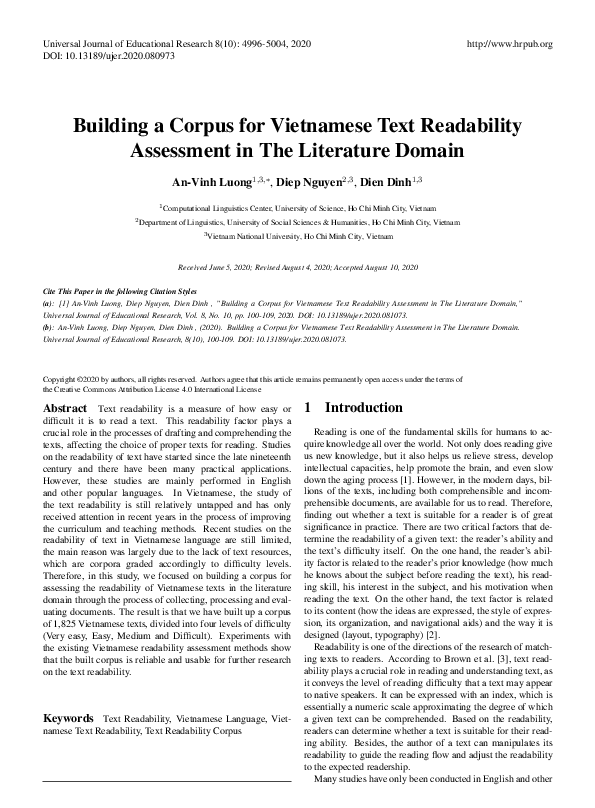 (PDF) Building a Corpus for Vietnamese Text Readability Assessment in ...
