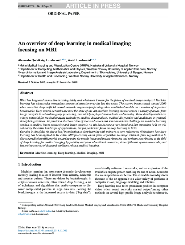 (PDF) An overview of deep learning in medical imaging focusing on MRI