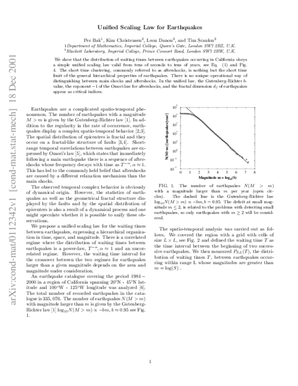 (PDF) Unified Scaling Law for Earthquakes