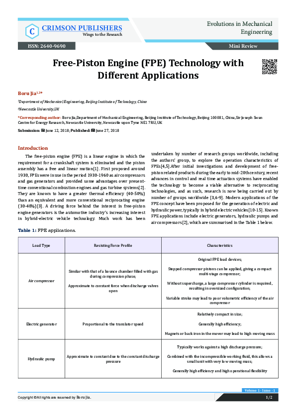 (PDF) Free-Piston Engine (FPE) Technology with Different Applications