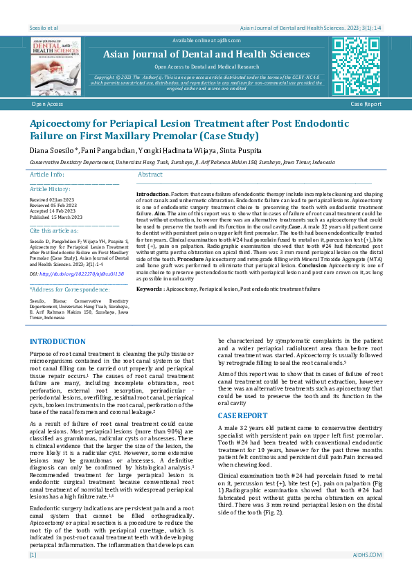 (PDF) Apicoectomy for Periapical Lesion Treatment after Post Endodontic ...