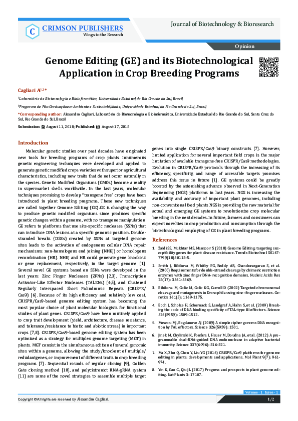 (PDF) Genome Editing (GE) and its Biotechnological Application in Crop ...