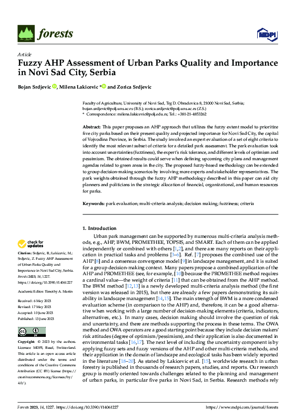 (PDF) Fuzzy AHP Assessment of Urban Parks Quality and Importance in ...