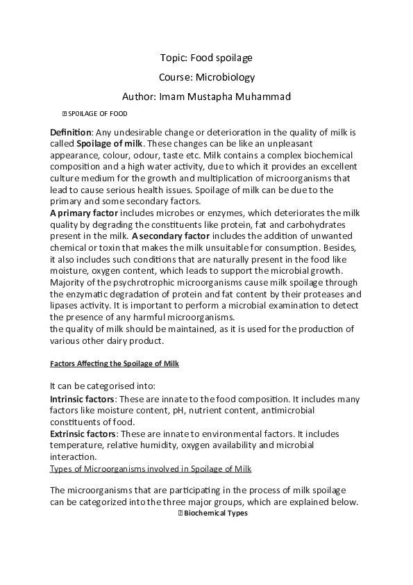 (DOC) Topic: Food spoilage Course: Microbiology