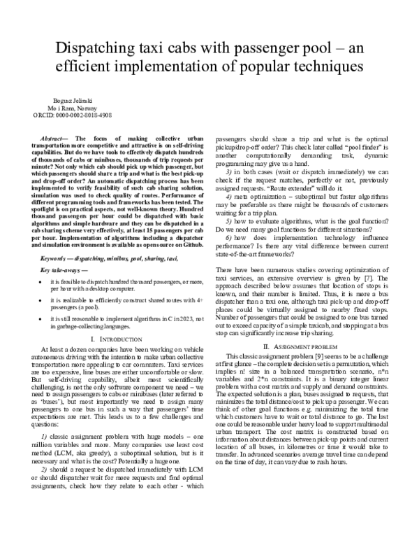 (PDF) Dispatching taxi cabs with passenger pool – an efficient ...