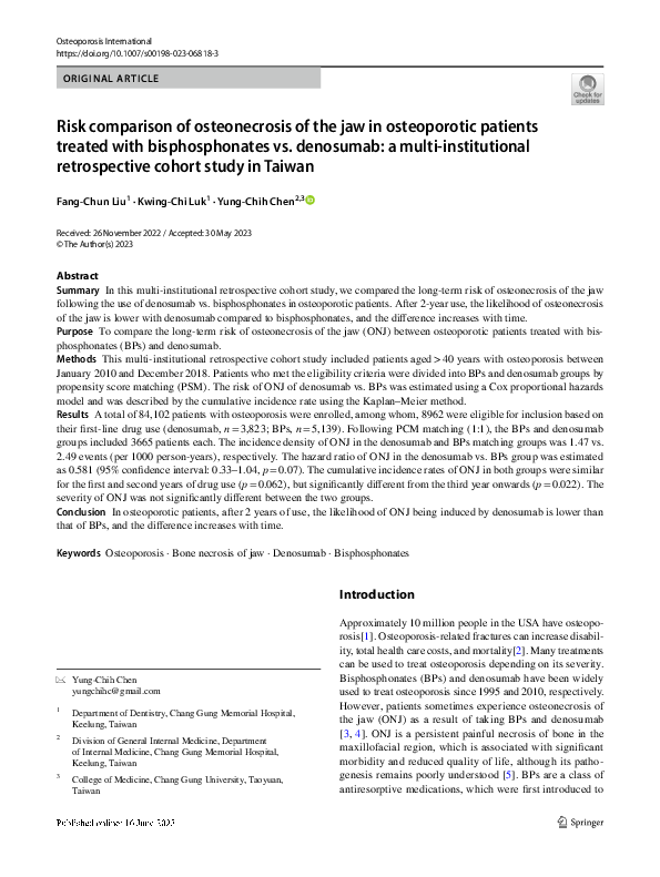(PDF) ONJ Risk in Osteoporotic Patients: Denosumab vs. Bisphosphonates