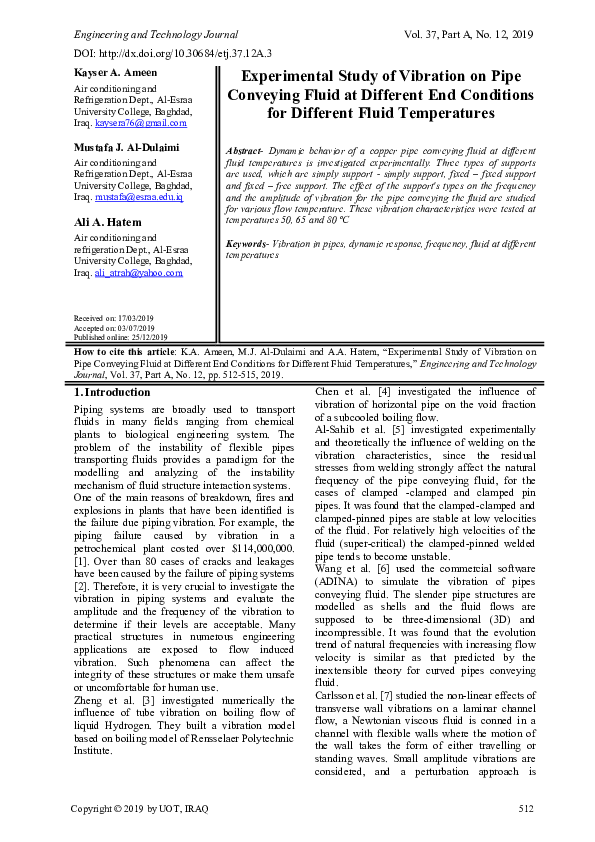 (PDF) Experimental Study of Vibration on Pipe Conveying Fluid at ...