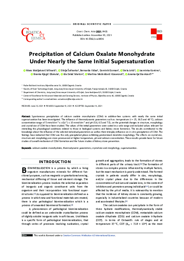 (PDF) Precipitation of Calcium Oxalate Monohydrate Under Nearly the ...