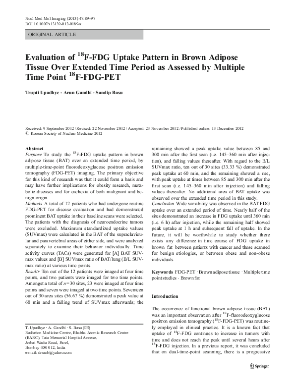 (PDF) Evaluation of (18)F-FDG Uptake Pattern in Brown Adipose Tissue ...