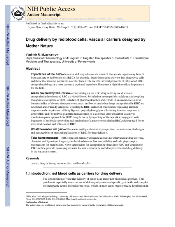 (PDF) Drug delivery by red blood cells: vascular carriers designed by ...