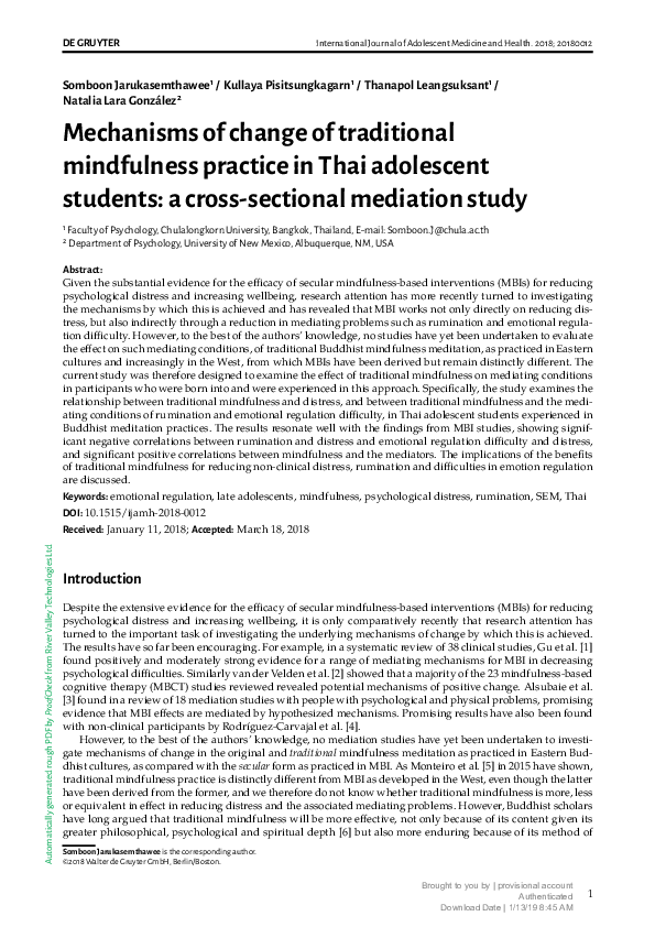 Mechanisms of change of traditional mindfulness practice in Thai adolescent students: a cross-sectional mediation study