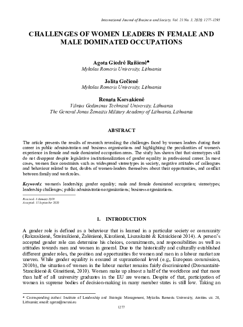 (PDF) Challenges of Women Leaders in Female and Male Dominated Occupations