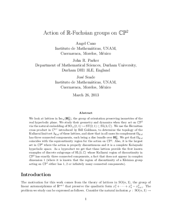 (PDF) Action of RFuchsian groups on CP² Bautista Cano Academia.edu