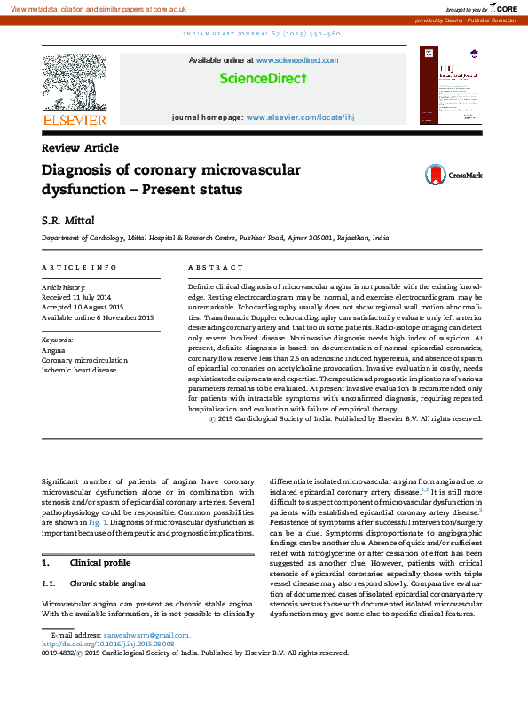 (PDF) Diagnosis of coronary microvascular dysfunction – Present status