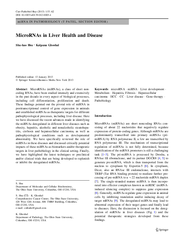 (PDF) MicroRNAs in Liver Health and Disease