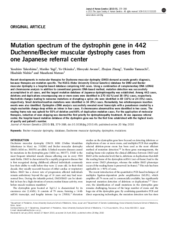 (PDF) Mutation spectrum of the dystrophin gene in 442 Duchenne/Becker ...