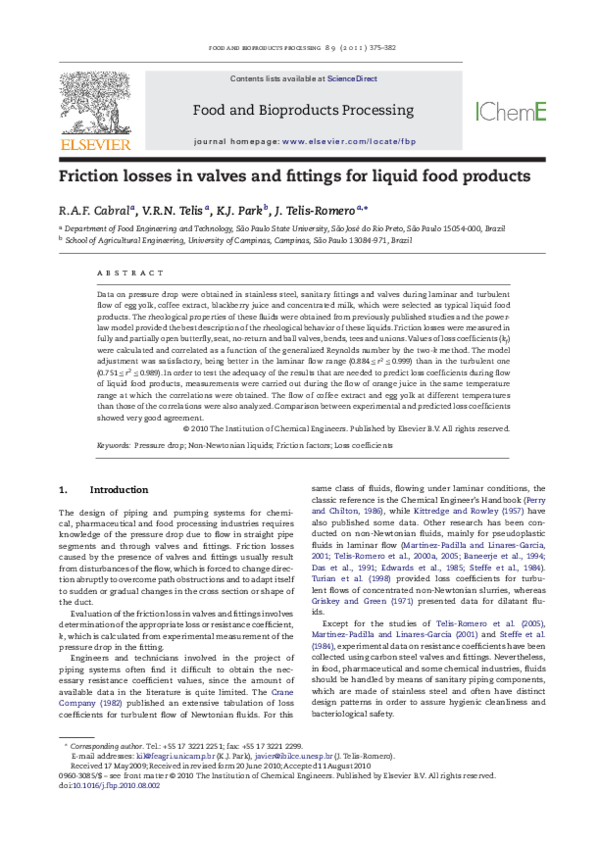 (PDF) Friction losses in valves and fittings for liquid food products