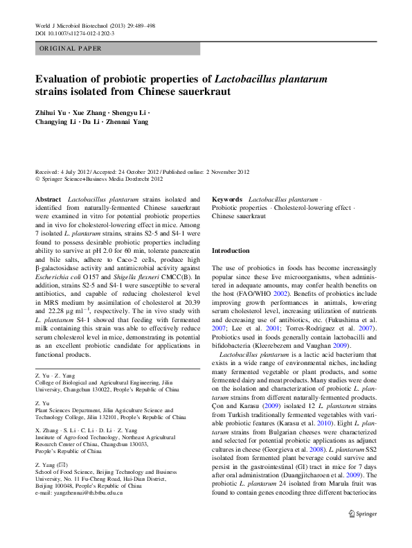 (PDF) Evaluation of probiotic properties of Lactobacillus plantarum ...