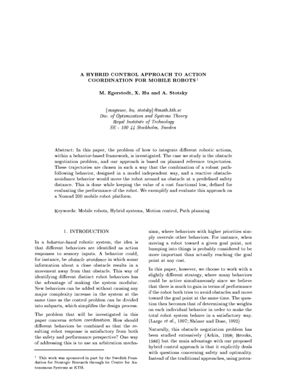 (PDF) A hybrid control approach to action coordination for mobile robots