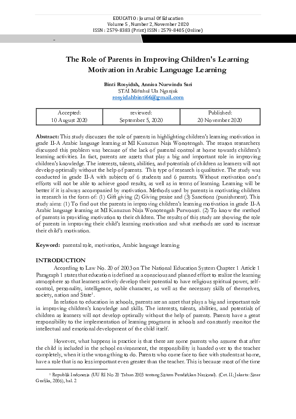 (PDF) The Role of Parents in Improving Children's Learning Motivation ...